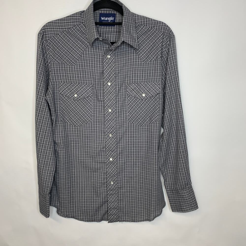 Wrangler Plaid Blue Gray Pearl Snap Front Shirt Western Sz Small
